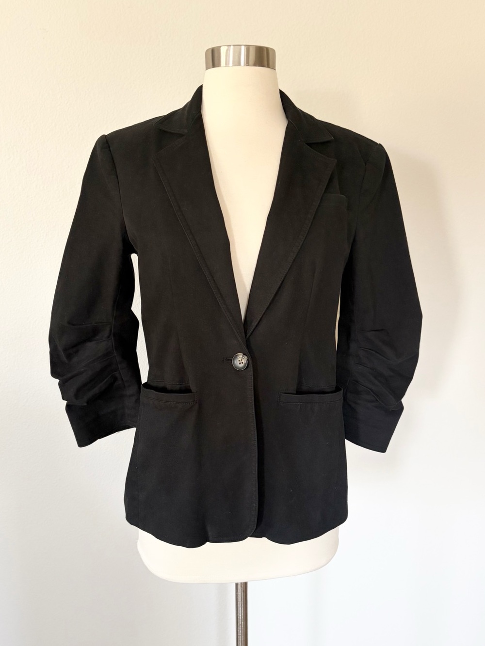 Cinq a Sept Khloe One Button Cotton Ruched Sleeve Blazer Black 0